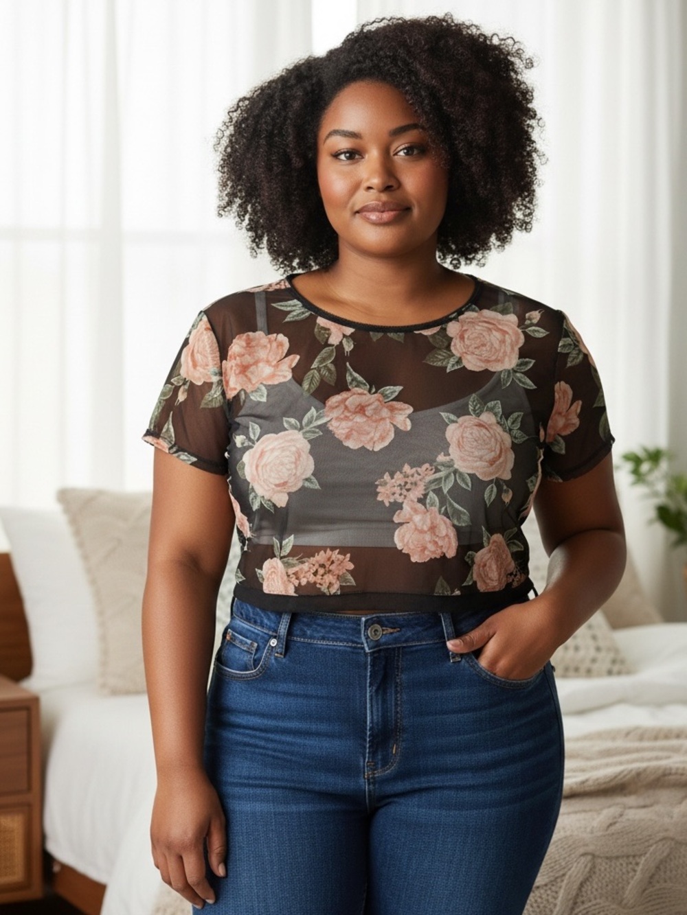 Torrid Curve 2 Sheer Floral Mesh Crop Top Black with Pink Roses 2X